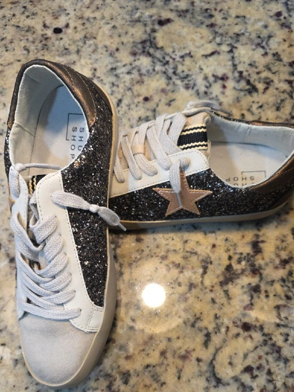ShuShop Light Gray Suede & Black Glitter Low-Top Sneakers